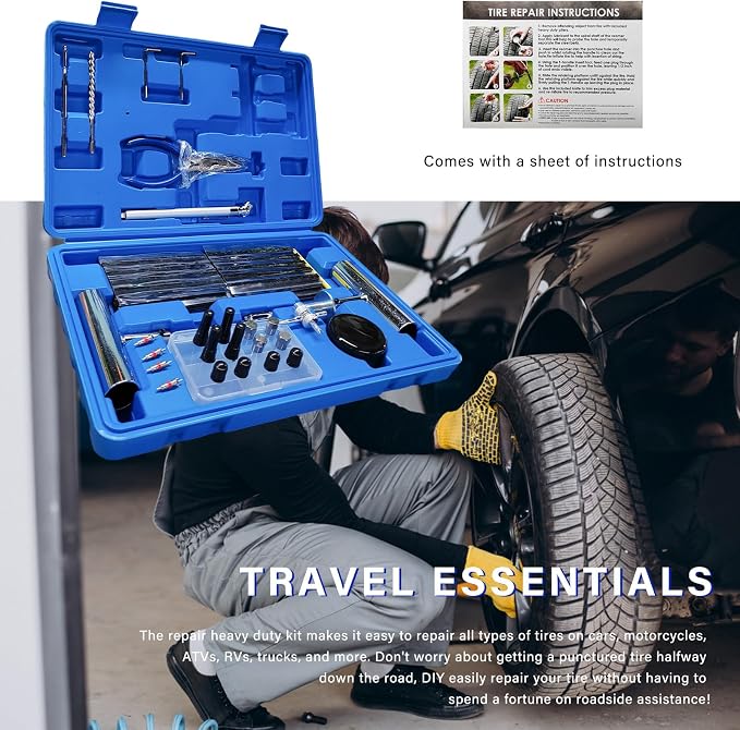 68 PCS Tire Repair Kit, Heavy Duty Tire Plug Set Professional Puncture Repair Kit, Universal Emergency Tool to Fix Punctures & Plug Flats for Cars Motorcycles Trucks Tractors