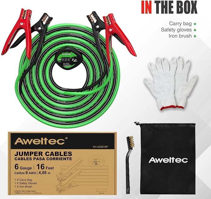 Heavy Duty Jumper Cables,6 Gauge 16 Feet Booster Cable with Reverse & Power Battery Tester,Smart Safety Protector Automotive Wire for Cars Trucks,Carry Bag,Safety Gloves,Iron Brush