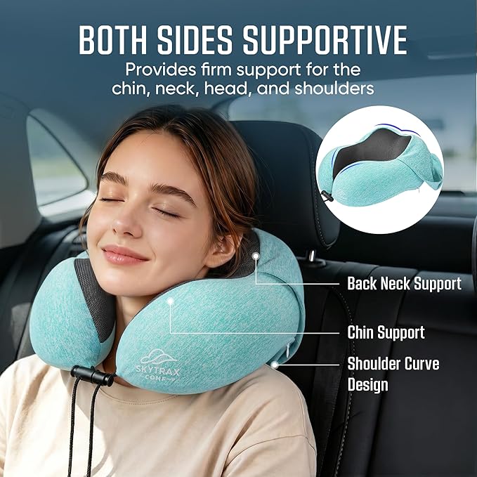 SkytraxComf® Travel Neck Pillow with Hood for Privacy on Long Flights | Memory Foam | Airplane Sleep | Safety-Tested Materials | Extra Large Hood | Chin Support | Earplugs | Washable Cover