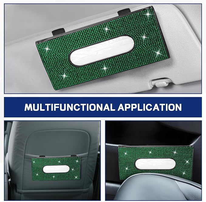 Bling Car Tissue Holder for Sun Visor, Crystal Rhinestone Visor Tissue Box, Leather Vehicle Paper Towel Case, Sparkling Auto Napkin Holder for Women, Car Accessories Decoration (Green)