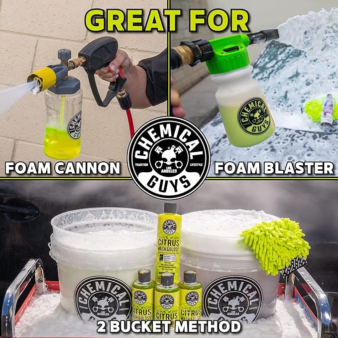 Chemical Guys CWS21516BK Car Wash Detailing Bucket, Mitt & Accessories Bundle (6 Items) Featuring Sticky Snowball Ultra Snow Foam Car Wash Soap, 16 oz - Works on Cars, Trucks, SUVs, RVs & More