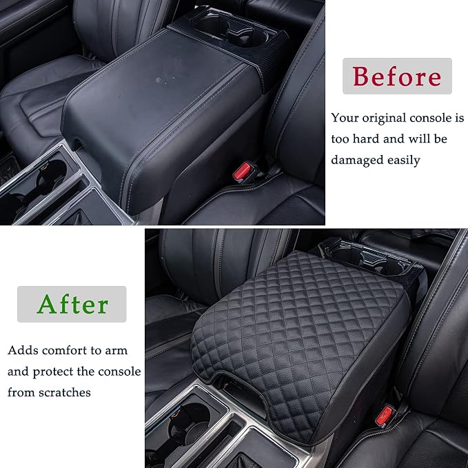 JDMCAR Center Console Cushion Compatible with 2015-2020 Ford F150/2017-2022 F250 F350 F450 and 2018-2024 Expedition Accessories, Customized PU Leather Armrest Cover Protector (Bucket Seat Only)