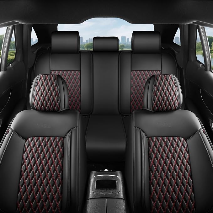 Red and Black Thick Nappa Leather Automotive Car Seat Covers Full Set | Univerasal Precision Fit,3D Contoured,Waterproof,ThickTexture Nappa Leather,for most Suvs Trucks Sedans