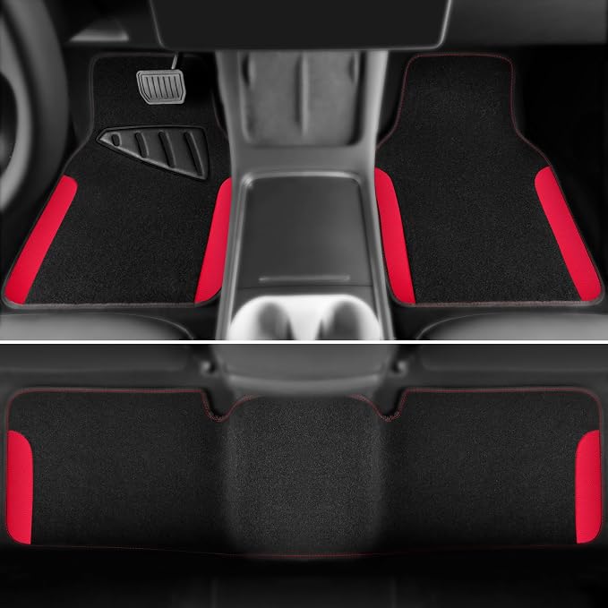 CAR PASS Waterproof Universal Faux Leather 3Pcs Car Floor Mats, Red Car Mats Fit for SUV,Vans,sedans, Trucks,Set of Vehicles Car Carpet with Driver Heel Pad and Anti-Slip Nibs Backing (red 3Pcs)
