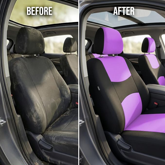 FH Group Car Seat Covers Full Set Cloth - Universal Fit Automotive Seat Covers, Low Back Front Seat Covers, Solid Back Seat Cover, Washable Car Seat Cover for SUV, Sedan and Van Purple