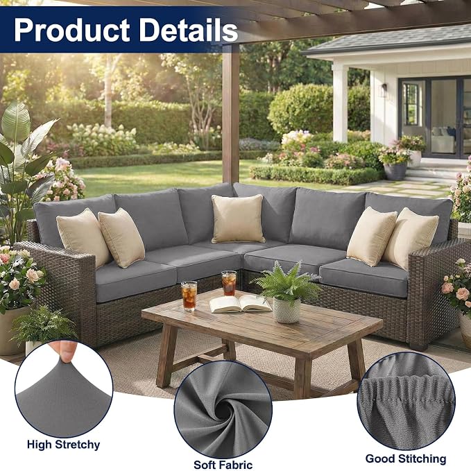 Smiry Waterproof Patio Cushion Covers, Stretch Outdoor Couch Slipcovers Replacement Washable Furniture Protector Sofa Chair Seat Cover for Dogs and Pets (4 Pcs, Grey)