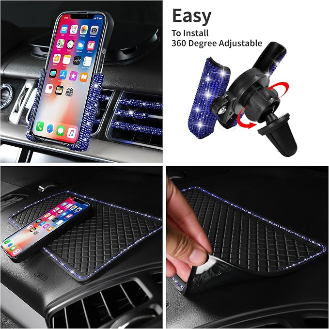 CAR PASS 30 PCS Bling Diamond Car Accessories Set for Women, Bling Steering Wheel Covers 15 Inch, Shining Rhinestone License Plate Frame, Sparkly Phone Holder, Cute Interior Set Decorations, Blue