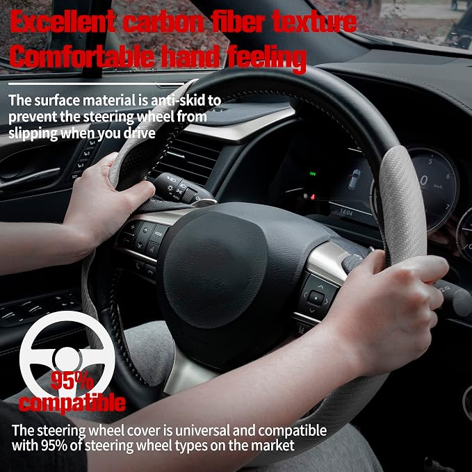 Amiss 2pcs Carbon Fiber Anti-Skid Steering Wheel Cover, Waterproof & Segmented Butterfly Design, Universal 99% Vehicle Wheel Cover Protector, Car Interior Accessories (White-2pcs)