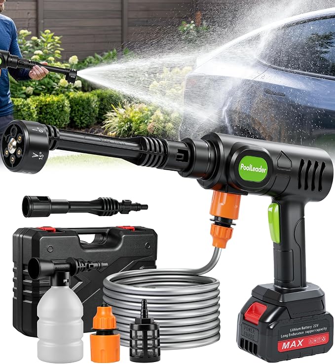 PoolLeader Cordless Car Cleaning Tool with 6-in-1 Nozzle & Foam Cannon | Lightweight Portable Design, Battery Operated Cordless Car Wash Spray, Handheld Wash Machine for Car, Patio, Home -Lime Green