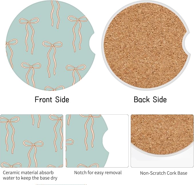 Cute Bowknot Car Coasters,Absorbent 2 Pack for Cup Holders with Finger Notch,2.56 inches Ceramics Heat Resistant Anti Slip Cork Base Car Drinks Coasters Auto Cup Holder