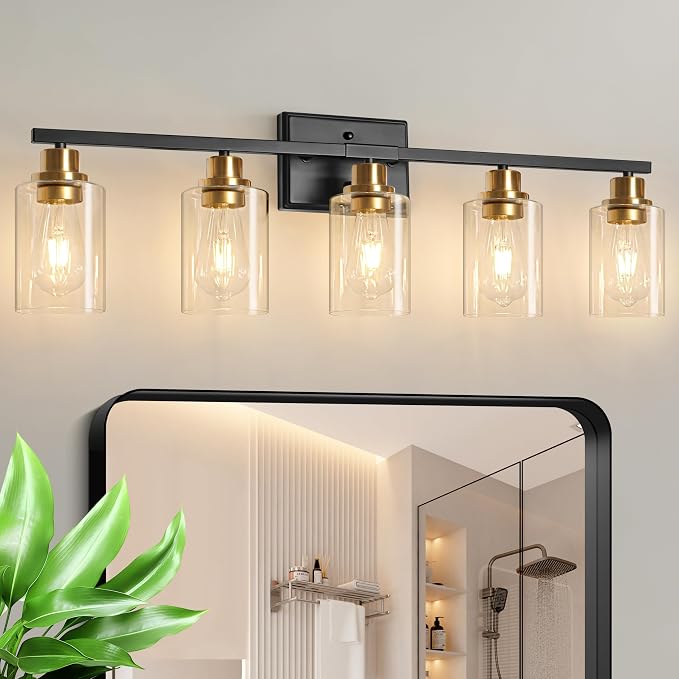 Unicozin Modern Bathroom Light Fixtures, 5 Light Vanity Lights Over Mirror, Black and Gold Wall Lamp with Clear Glass for Living Room Cabinet Bedroom Porch