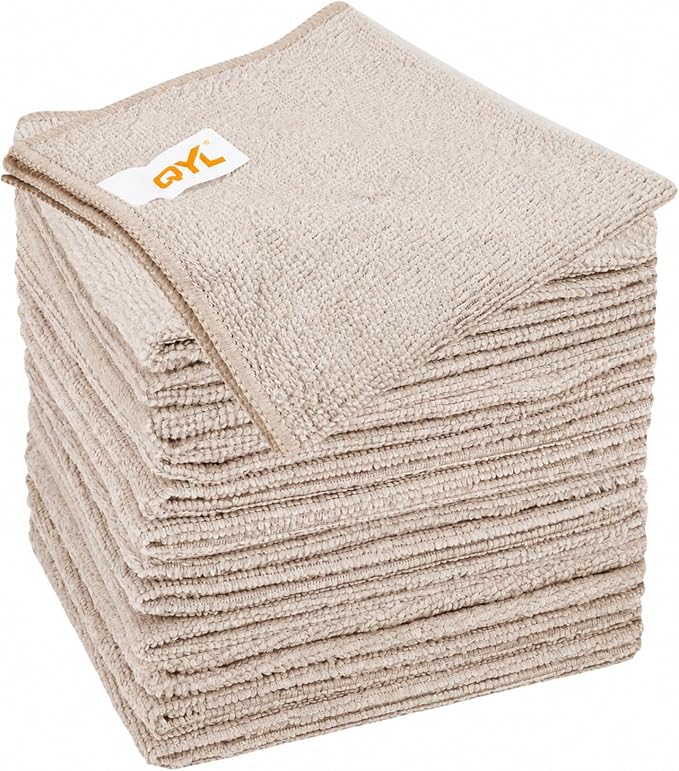 QYL Microfiber Cleaning Cloth,12 Pack Cleaning Rags, Cleaning Towels with 4 Color Assorted, 11.8"X11.8", Beige