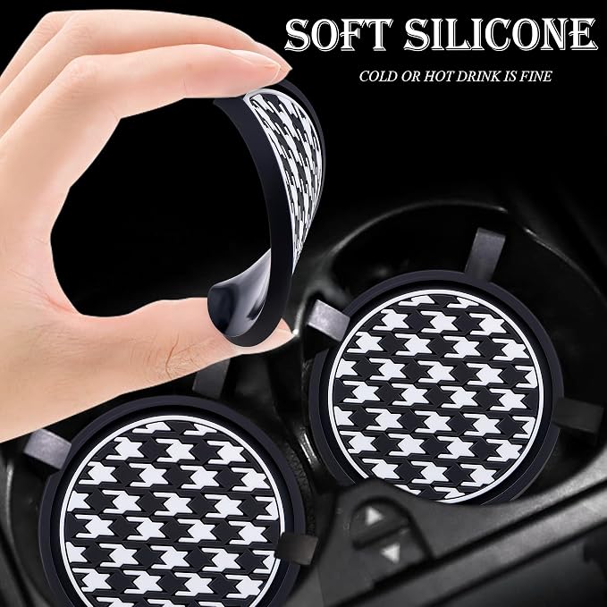 2.75 Inch Auto Cup Coaster 2 Pack – Non-Slip Car Drink Holder Mat, Universal Interior Accessories for Women & Girls, Fashionable Design (Houndstooth)