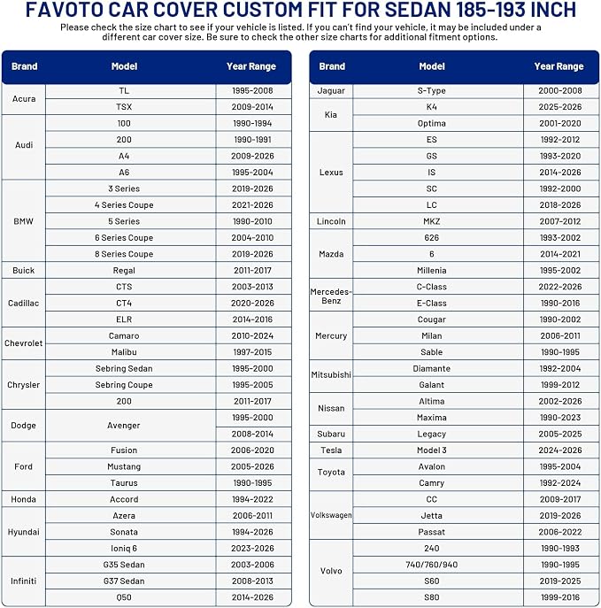 Favoto Car Cover Waterproof All Weather Windproof for Sedans 184-193 Inches | UV Protection, Soft Cotton Lining, Driver Door Zipper, Reflective Strips and Storage Bag Included with Vehicle Fitment Black