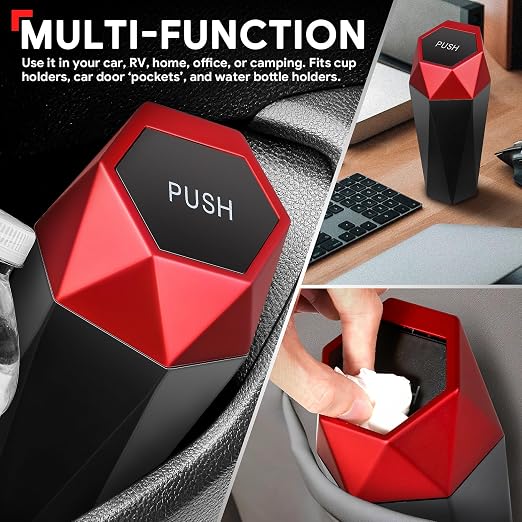 DNA Motoring Mini Car Auto Trash Can with Removable Lid, Leakproof Mini Garbage Bin for Automotive Home Office,Black/Red,ZTL-OD-01-RD