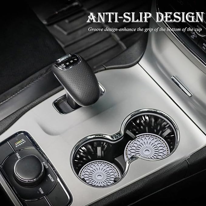 2PCS Bling Car Cup Holder Coasters, 2.75 Inch Silicone Anti-Slip Insert, Bling Shockproof Cup Mat for Women Girls, Universal Fit for Most Vehicles (Gray & White)