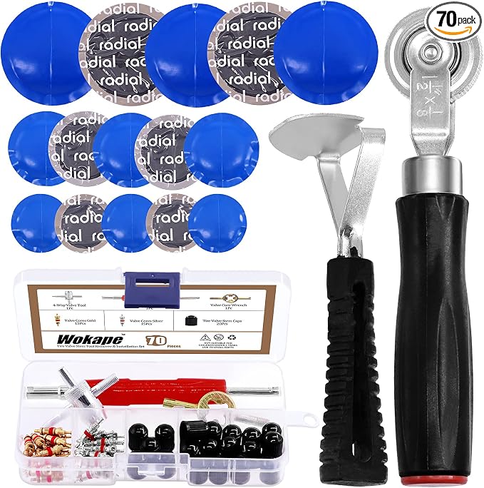 70Pcs Tire Patch Kit Heavy Duty, Tire Roller, Liner Scraper, Rubber Repair Patches, Valve Core Removal Tool with Tire Valve Caps, 4-Way Valve Tool and Valve Core Wrench