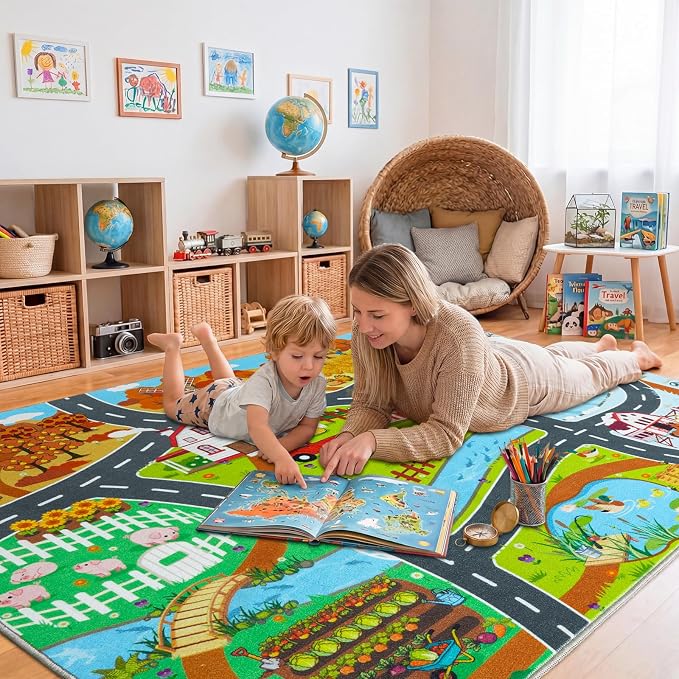 Car Rug Play Mat for Kids Toy Cars, 8' x 10' Town Country Barn Track Four Seasons Farm Theme Traffic Carpet, Non-Slip Washable Area Rug for Kids Room Bedroom Play Area, Fun Learning Rugs for Children