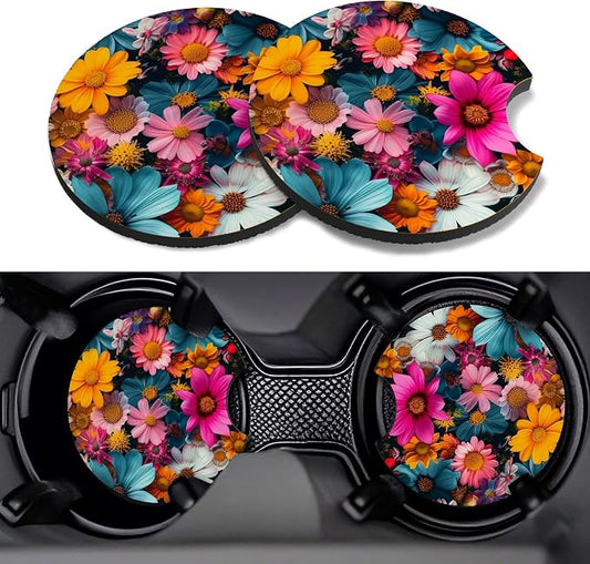 Car Cup Coasters,2 Pack Car Coaster,2.75inch Anti Slip and Absorbent Cars Coasters for Cup Holders,Neopren Accessories for Women,Cute Decor for Women (Colourful Flowers)