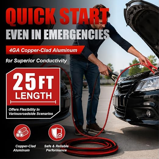 Heavy Duty Jumper Cables,4 Gauge 25 Feet Battery Booster Cable,Automotive Wires with Alligator Clamps,Carrying Bag,Safety Gloves and Iron Brush for Cars Trucks
