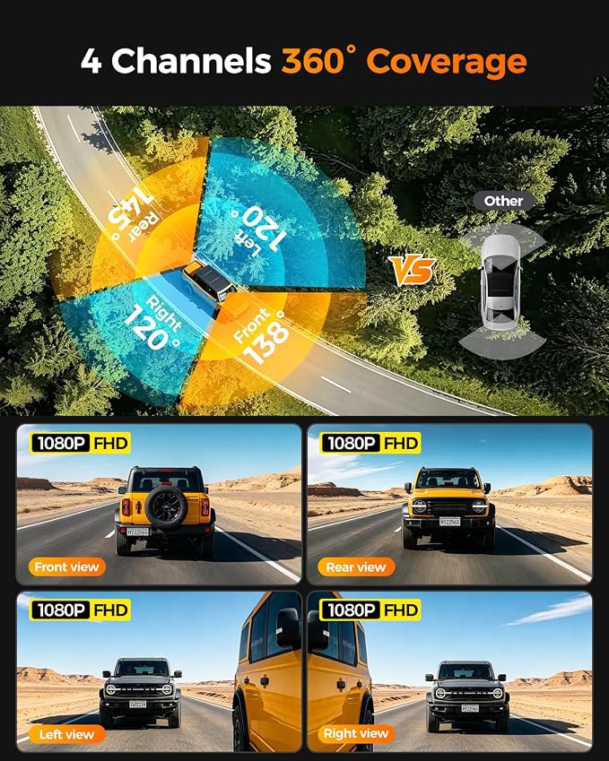 4 Channel Mirror Dash Cam,12" Rear View Mirror Camera,1080P Front Rear Left Right Dash Camera for Car, WiFi Smart Rear View Mirror Camera with 64GB Card, Night Vision, 24H Parking Monitor, G-Sensor