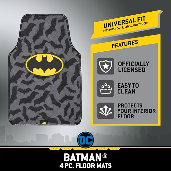 Batman Carpet Car Floor Mats, DC Comics Design, for Car, Truck, SUV - Comfortable, No Slip Nib Backing, Unique Full Print, Protects Car Floor