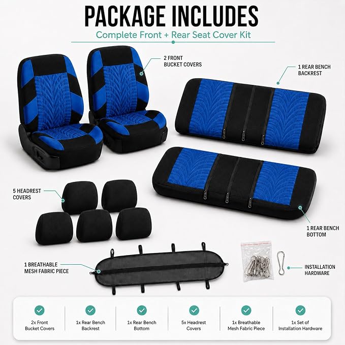 FH Group Full Set Travel Master Car Seat Covers, Airbag and Split Rear Car Seat Cover Universal Fit Interior Accessories for Cars Trucks SUV, Automotive Seat Covers, Blue