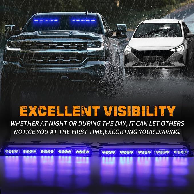 XRIDONSEN 2x 17 inch Blue Emergency Lights 40 LED Dash Strobe Lights | Interior Front/Rear Safety Flashing Warning Hazard Windshield Light Bar for Vehicles Trucks Car