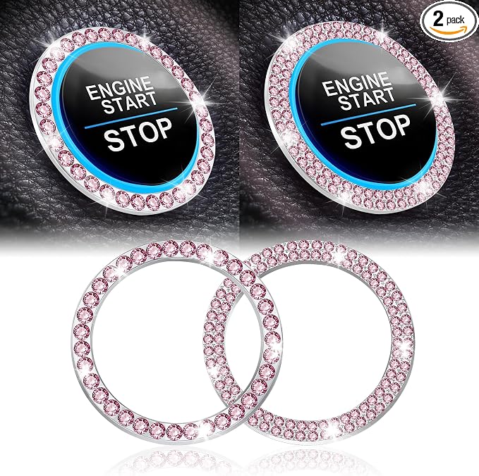 LivTee 2 PCS Crystal Combinatorial Rhinestone Car Engine Start Decoration Ring, Push to Start Button Cover Sticker, Bling Car Interior Accessories for Women, Automotive Decals, Pink