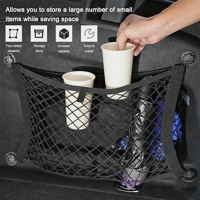 2 PCS Small Cargo Nets, 18"×10" Double Layer Car Organizer Net with Mounting Screws & Hooks, Stretchable Cargo Netting Storage Pouch for Car Truck SUV RV Boat Trunk