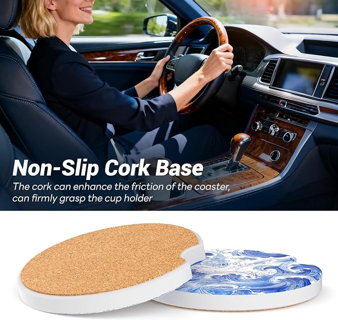 Car Cup Holder Ceramic Coasters 2 Pack, 2.56 in Anti Slip Absorbent Coaster with Cork Base and Finger Notch, Funny Cute Car Accessories Interior for Women, Sea Wave
