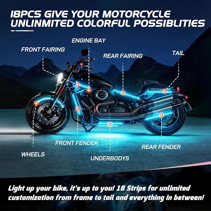 Nilight 18PCS Motorcycle RGB Led Light Kit Waterproof Multi Color Atmosphere Neon Accent Lights Lamp with RF Wireless Remote for Harley Davidson Honda Kawasaki Yamaha Suzuki