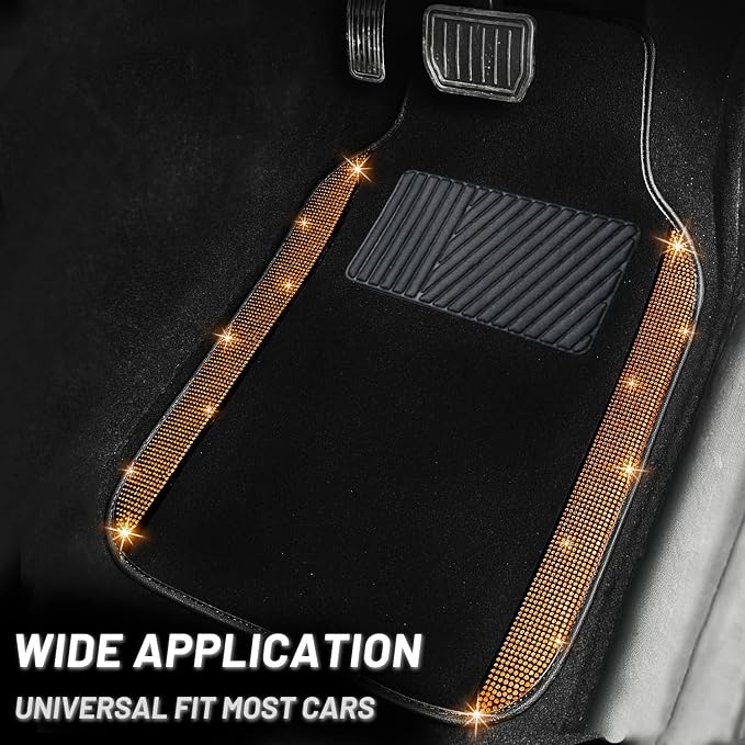 NBTEPEM Bling Car Floor Mats Full Set and Steering Wheel Cover, Universal Fit Most Cars, 4 pcs Sparkle Glitter Diamond Carpet, 5 pcs Bling Car Accessories Set for Women (Orange Diamond)