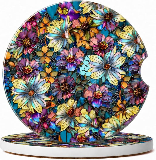 2Pack Car Cup Holder Coasters Absorbent Ceramic Coaster 2.56" for Women & Men Car Accessories Flower Purple