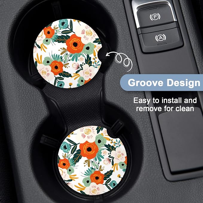 Nipichsha Car Coasters for Cup Holders, 2 Pack Absorbent Ceramic Car Cup Holder Coaster for Drinks, Cute Auto Assecories for Women Men, Size 2.56 in with Finger Notch & Cork Base, Bright Flowers