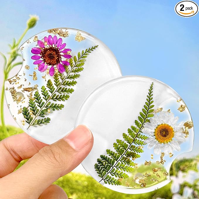 Swooflia Flower Car Cup Holder Coasters for Women - 2.75 Inch Cute Resin Clear Automotive Drink Cupholder Insert Car Accessories 2 Pack Purple