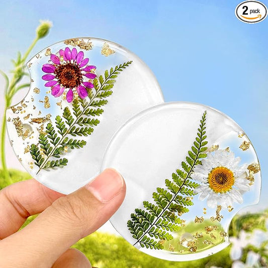 Swooflia Flower Car Cup Holder Coasters for Women - 2.75 Inch Cute Resin Clear Automotive Drink Cupholder Insert Car Accessories 2 Pack Purple