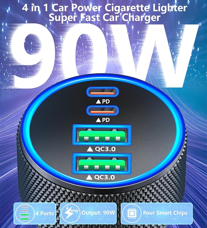 USB C Car Charger, Rombica 4-Port 90W USB-C&USB-A Car Power Adapter Dual 45W PD/QC Multiport Type C Fast Charger Car Phone Charger for iPhone 17 17 Pro Max 16 15 14 13 12 11/Galaxy S26 S25/Pixel/iPad