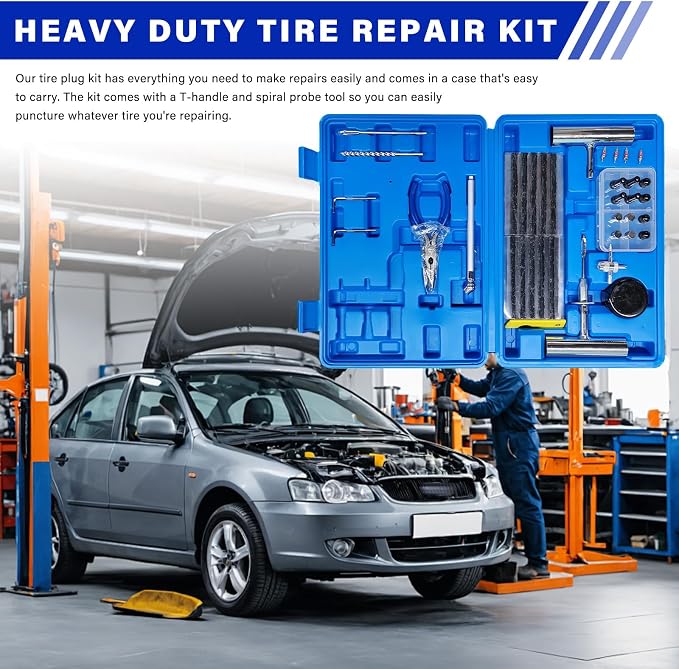 68 PCS Tire Repair Kit, Heavy Duty Tire Plug Set Professional Puncture Repair Kit, Universal Emergency Tool to Fix Punctures & Plug Flats for Cars Motorcycles Trucks Tractors