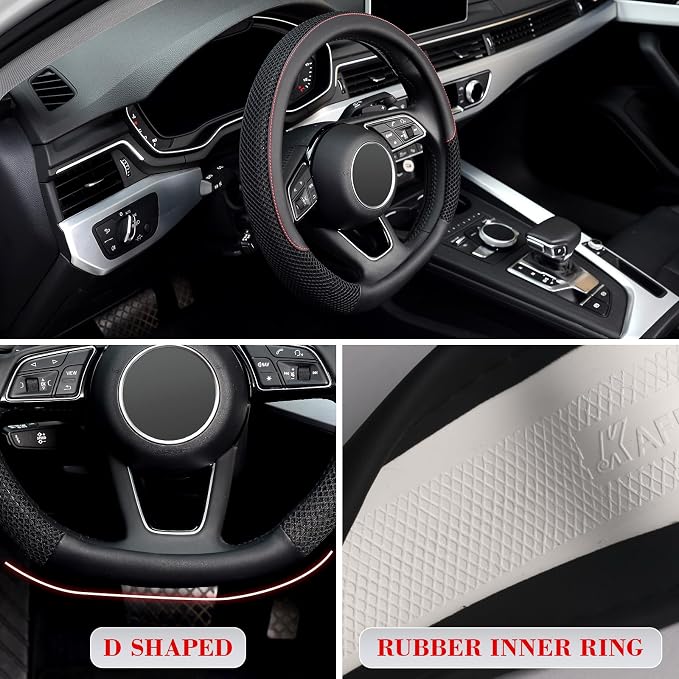 KAFEEK D Shape Steering Wheel Cover, Universal 15 inch, Microfiber Leather Viscose, Breathable, Anti-Slip,Warm in Winter and Cool in Summer, Black