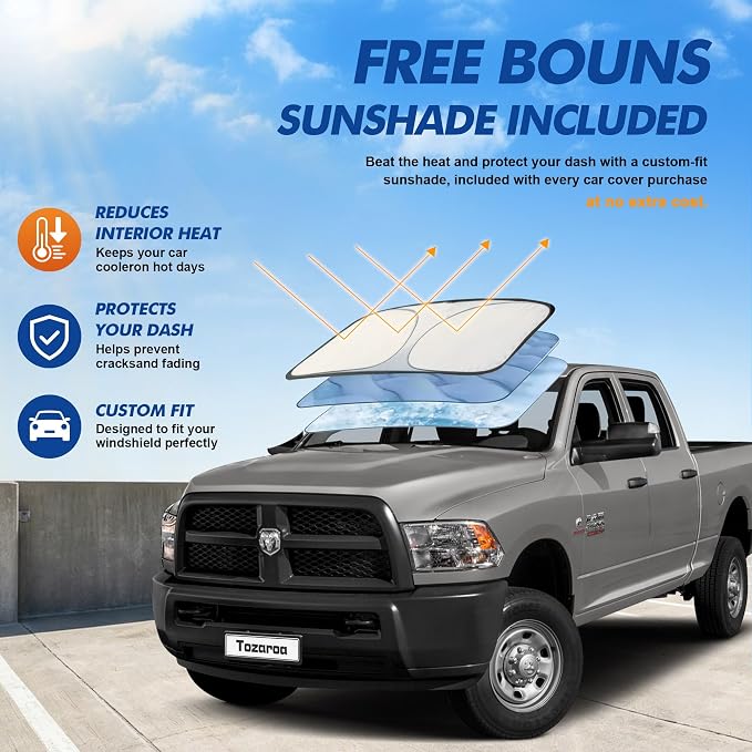 Truck Cover Waterproof All-Weather,Outdoor Pickup Covers(Length 243-250 inch) with Windshield Sun Shade Universal Fit Tacoma, Tundra, F-150, RAM 1500 etc,Size T6 (See Size Chart)