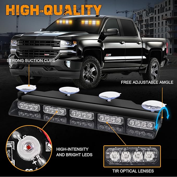 XRIDONSEN 2x 17 inch Dash Strobe Lights for Trucks, 40 LED Emergency Lights | Amber White Safety Warning Hazard Interior Front/Rear Windshield Light Bar w/ Controller for Construction Vehicles Plow Truck