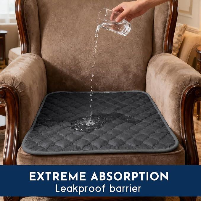Reusable Waterproof Incontinence Chair Pads (22" x 21") - Machine Washable Seat Protector - Chair Protector Seat Cover, Extra Heavy Absorbency, Seat, Car, Wheelchair & Recliner (Grey, 2 Pack)