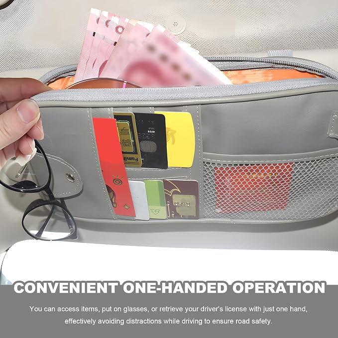 Car Sun Visor Organizer, Multi-Purpose Visor Storage Holder with Elastic Bands & Glasses Clip, Multi-Pocket Sunshade Organizer Soft Leather Storage Pouch for Car Truck SUV (Gray)