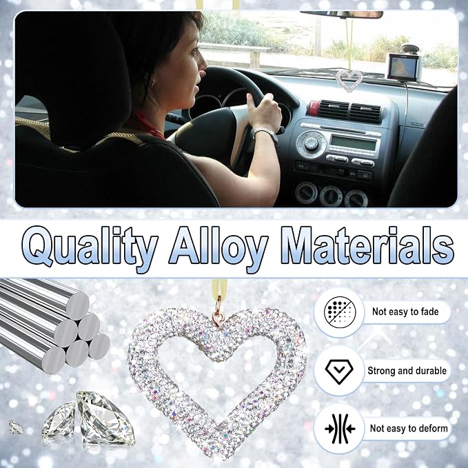 Bling Heart Car Hanging Accessories, Car Accessories for Women, Bling Rear View Mirror, Universal Bling Heart Diamond Car Accessories for Cars, Trucks, SUVs (Silver)