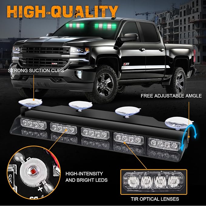 XRIDONSEN 2x 17 inch Green White Emergency Lights 40 LED Dash Strobe lights | Interior Front/Rear Windshield Light Bar Safety Warning Flashing Hazard for Vehicles Trucks Car