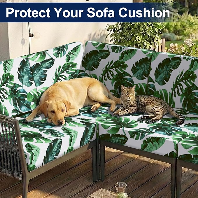 Smiry Waterproof Patio Cushion Covers, Stretch Outdoor Couch Slipcovers Replacement Washable Furniture Protector Sofa Chair Seat Cover for Dogs and Pets (14 Pcs, Green)