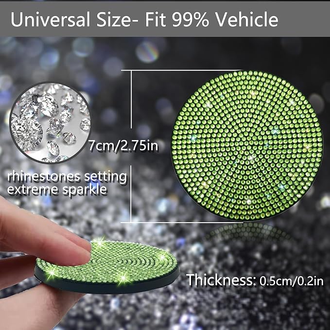 NBTEPEM 2pcs Bling Car Cup Holder Coaster, 2.75 inch Anti-Slip Shockproof Universal Fashion Car Coasters Insert Bling Crystal Rhinestone Automotive Interior Accessories for Women (2 pcs, Light Green)