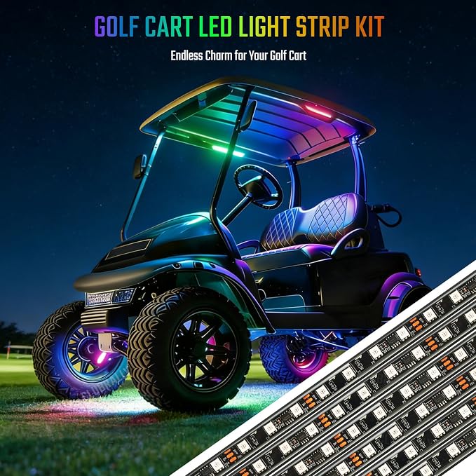CLUBRALLY 6PCS Golf Cart Underglow LED Light Kit, 28 Modes Full-Body Neon Glow, 12-85V, Music Sync, Wireless Remote, Waterproof Strips, Fits EZGO, Club Car, Yamaha Golf Carts, 6 Pack
