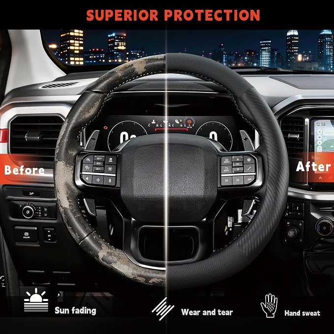 Steering Wheel Cover for Ford F150 F250 F350 1997-2026, Half Carbon Fiber | Compatible with F-150 F-250 F-350, Expedition 2007-2026, Nappa Leather, Anti-slip Grip, Non-slip, Large Size 15.5-16 Inch